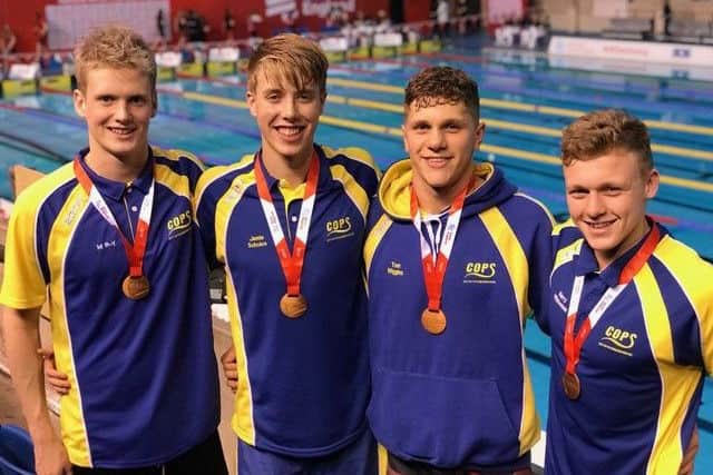 The COPS quartet that won the bronze medal  in the 4x100m  medley relay. From the left they are  Myles Robinson-Young, Jamie Scholes, Tom Wiggins and Harry Whiteman.