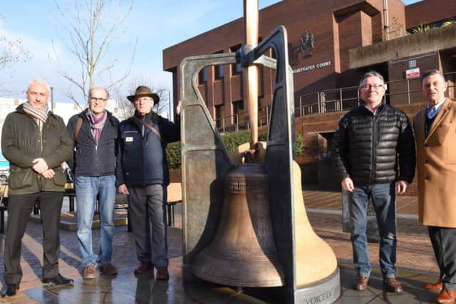 Henry Penn bell memorial at Lower Bridge Street. Simon Machen (director of growth PCC), Stephen Broadbent (artist) and Michael Lee (local historian) with Councillors Peter Hiller and Steve Allen. EMN-171220-201626009