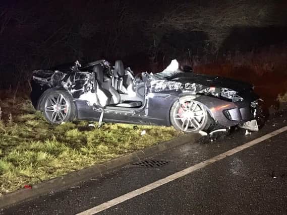 The wreckage of the Jaguar. Photo: @RoadPoliceBCH