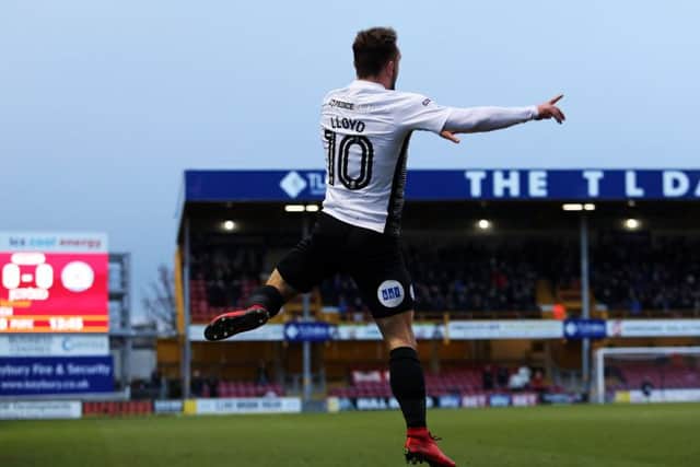 Danny Lloyd jumps for joy after scoring for Posh at Bradford City. Photo: Joe Dent/theposh.com.