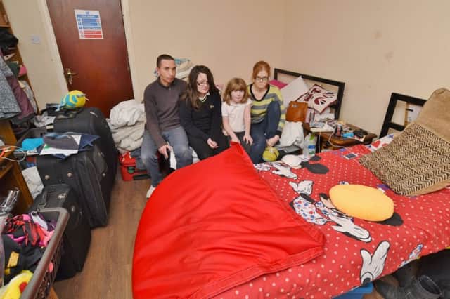Eastfield Guest House, Eastfield Road where Keith and Stephanie Locke are living in one room with their daughter Sarah (12) and their disabled daughter Emma (7). Emma has to be carried around the room as there is no wheelchair access. EMN-170111-164426009
