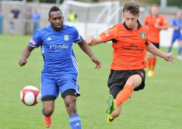 Avelino Vieira (left) scored an early goal for Peterborough Sports at Bedworth.