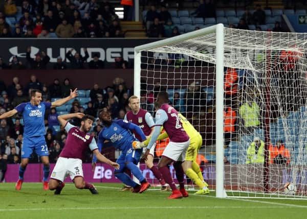 The ball is in the back of the net and Posh are 2-1 up at Aston Villa. Photo: Joe Dent/theposh.com.