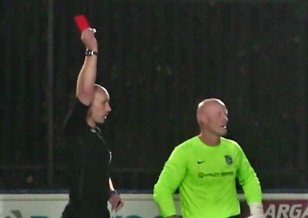 Wisbech Town goalkeeper Paul Bastock was sent off in the FA Vase defeat at the hands of Bromsgrove Sporting.