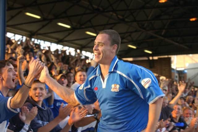 David Farrell celebrates a Posh goal.