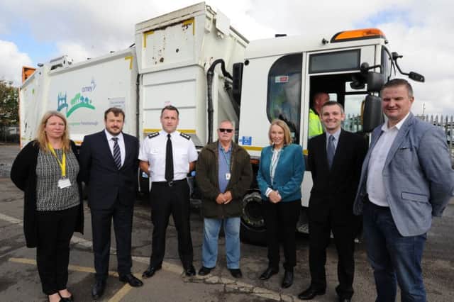 Launch of fly-tipping campaign at Amey depot at Nursery Lane, Fengate. Attending,  Clair George, Rob Hill, Wayne Swales, Coun. Richard Brown and Irene Walsh, James Collingridge and Coun Gavin Elsey EMN-170919-131703009