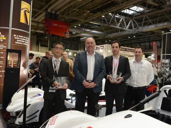 Radical announces its global partners. From left, Young Soo Kim, Hankook Tire Manager, Motorsport Team Europe HQ; Joseph Anwyll, Radical CEO; Romain Fabre, Motul Head, Centre of Excellence Market; Nigel Land, Radical Sales & Marketing Director.