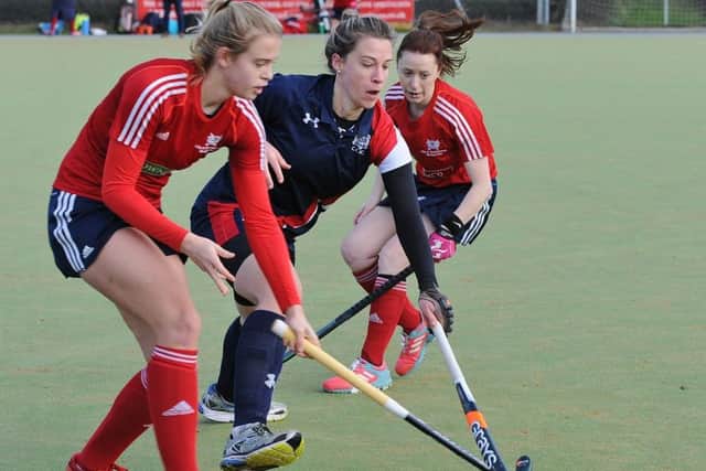Jeorgia Carr (red) scored twice for City of Peterborough Ladies against Norwich Dragons.