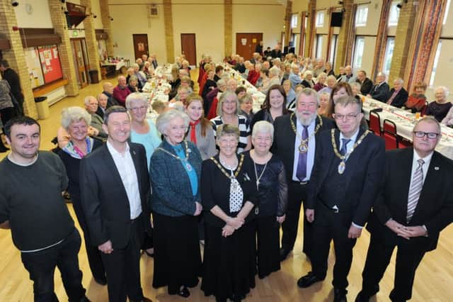 Eye Community Centre post Christmas lunch for local OAP's. Attending  -  Mayor of Peterborough Coun. John Fox, Mayoress Judy Fox, Deputy Mayor Coun. Chris Ash and Deputy Mayoress Doreen Roberts with ward councillors Steve Allen and Richard Brown with organisers of the event. EMN-180114-184307009