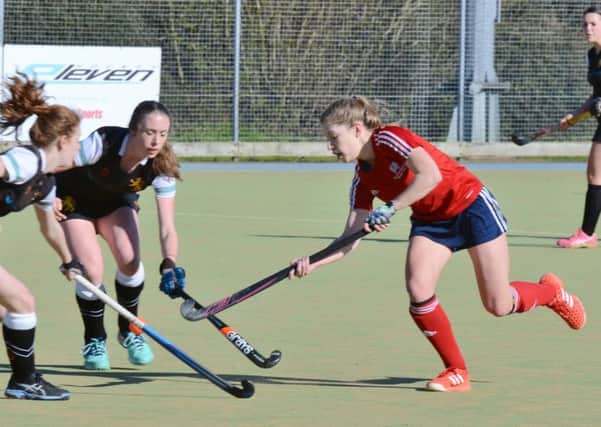 Robyn Gribble (red) claimed a hat-trick for City of Peterborough Ladies at Maidstone.