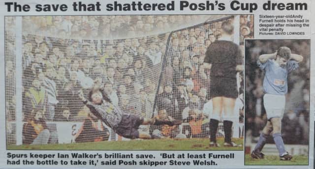 How the Peterborough Evening Telegraph reported on Andy Furnell's miss at Spurs.