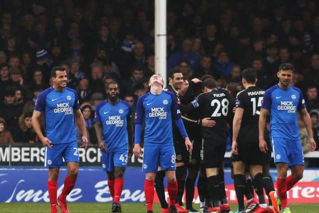 Posh players angry as Leicester players celebrate their third goal at the ABAX Stadium. Photo: Joe Dent/theposh.com.