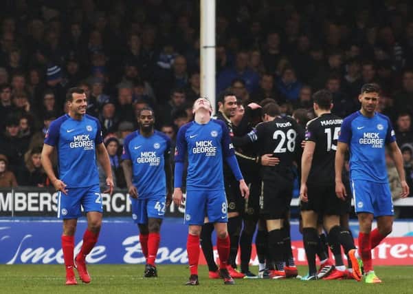 Posh players angry as Leicester players celebrate their third goal at the ABAX Stadium. Photo: Joe Dent/theposh.com.