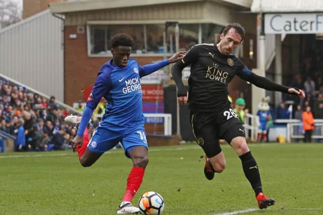 Posh teenager Leo Da Silva Lopes crosses the ball into the Leicester penalty area. Photo: Joe Dent/theposh.com.