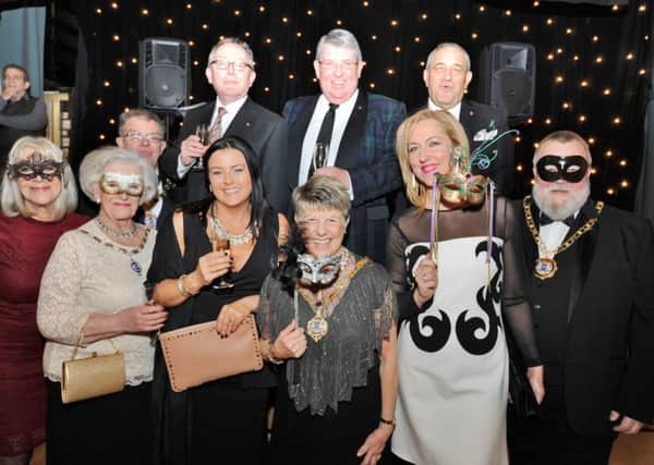 Mayor's masquerade ball in aid of the Mayor's charity at the Fleet. Mayor of Peterborough Coun. John Fox and Mayoress Coun. Judy Fox, Deputy Mayor Coun. Chris Ash and Deputy Mayoress Doreen Roberts with sponsor Iain Forsythe and other guests EMN-180128-201029009