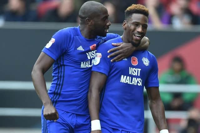 Omar Bogle (right) celebrates a goal for Cardiff City.