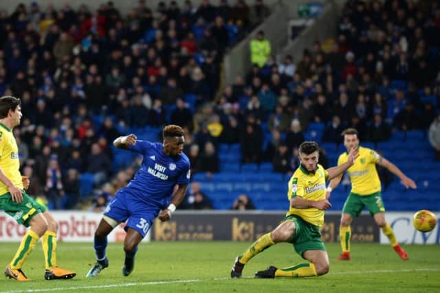 Omar Bogle scores for Cardiff against Norwich.
