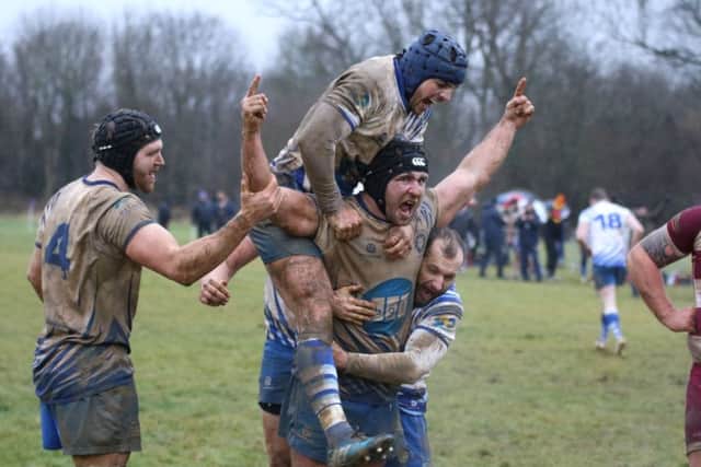 Skipper Chris Humphrey celebrates scoring the second try against Newport. Picture: Mick Sutterby