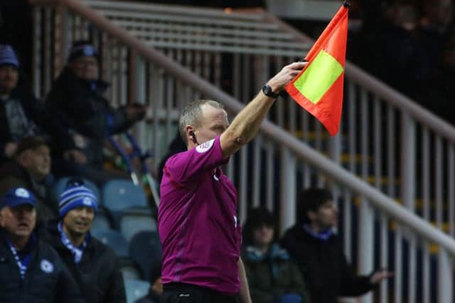 The assistant referee rules out a last-gasp goal for Posh against Southend. Photo: Joe Dent/theposh.com.