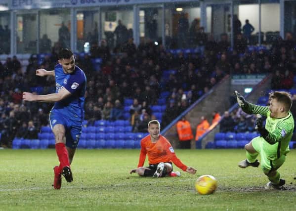 This Andrew Hughes 'goal' for Posh in the final minute against Southend was ruled out for offside, wrongly according to Grant McCann. Photo: Joe Dent/theposh.com.