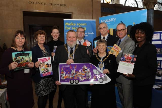 Mayor of Peterborough Coun. John Fox, Mayoress Judy Fox, Gillian Beasley, Chief Executive, Peterborough City Council, Peterborough City Council Leader Coun. John Holdich and Kevin Tighe, CEO of Vivacity with Sally Atkinson, Rebecca Parsons, David Wait and Darranda Rowswell from the National Literacy Trust at the launch of a Vision for Reading in Peterborough at the Town Hall. EMN-180129-185225009