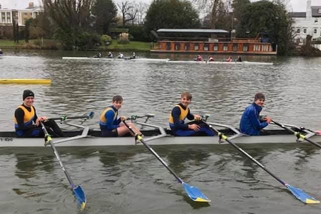 The J16 quad of Alex Leverage, Tom Bodily, James Toynton and Tom Jackson in action on the Thames.