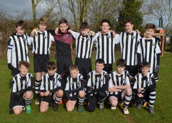 Oundle Town Under 14s are pictured before their 9-2 win over Blackstones. They are from the left, back, Daniel Morgan, Samuel Webster, Thomas Levick, Thomas Clarke-Knowles, Daniel Fuller, Callum Stott, Oakley Read,  front, Harrison Scott, Josh Sanders, Charlie Sumner, Thomas Lee, Luke Yarland and George Weed.