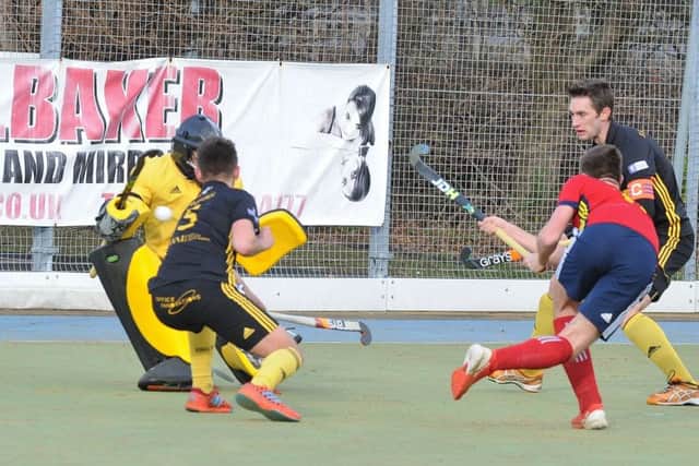 City of Peterborough (red) missed thbis chance early in the game against Beeston. Photo: David Lowndes.
