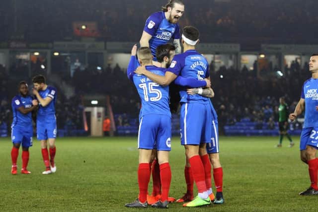 Jack Marriott jumps highest as Posh celebrate Marcus Maddison's early goal against Scunthorpe. Photo: Joe Dent/theposh.com.