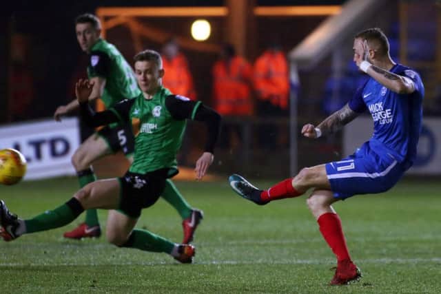 Marcus Maddison fires Posh ahead against Scunthorpe. Photo: Joe Dent/theposh.com.