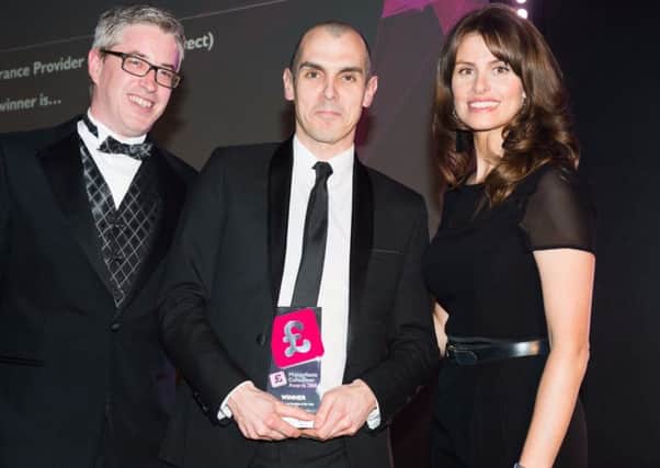 From left: Jayms Brooks, senior digital marketing manager at Moneyfacts; Jamie Murray, associate director, customer operations at Beagle Street and Ellie Taylor, comedian and presenter of the awards.