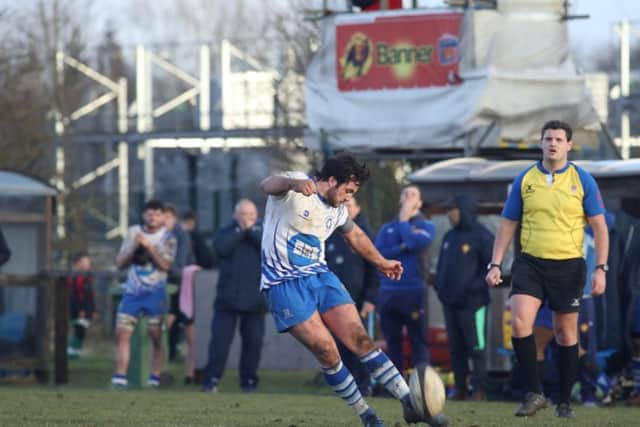 Nico Defeo slots the match-winning conversion for the Lions at Nuneaton. Picture: Mick Sutterby