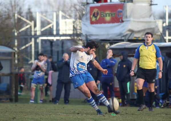 Nico Defeo slots the match-winning conversion for the Lions at Nuneaton. Picture: Mick Sutterby