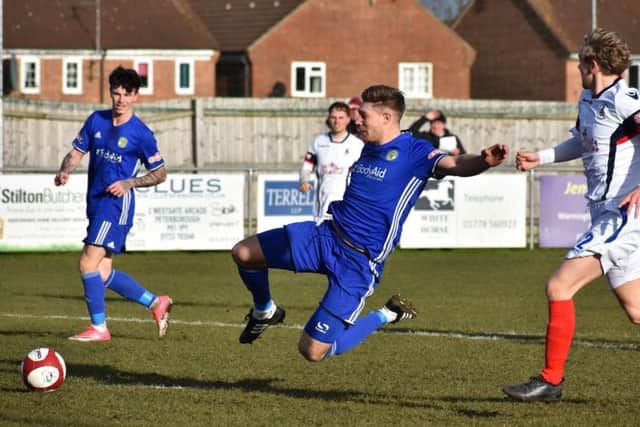 Mark Jones couldn't quite convert this chance for Peterborough Sports against Newcastle Town. Photo: James Richardson.
