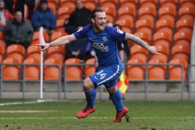 Posh top scorer Jack Marriott celebrates his 25th goal of the season at Blackpool.  Photo: Joe Dent/theposh.com.