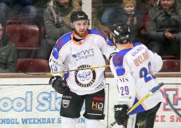 James White celebrates the first Phantoms goal against MK Thunder with Will Weldon. Photo: Paul Young.