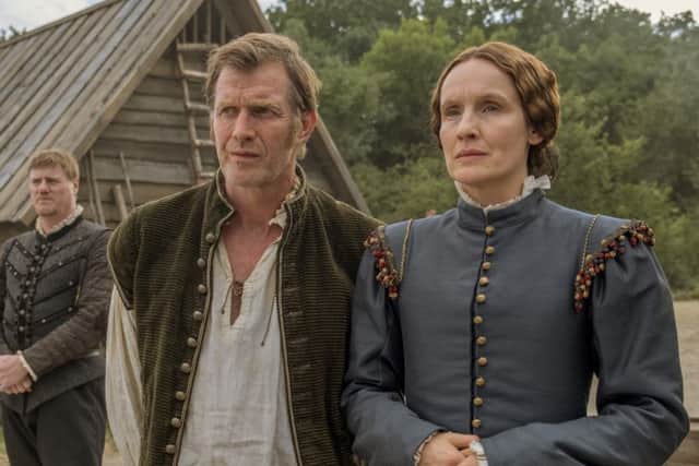 Marshall Redwick, Governor Yeardley and Temperance look into the distance