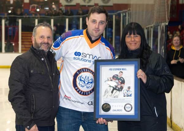 A star netminder from the past became the fourth inductee into the Phantoms Hall of Honour last Saturday. Stephen Wall enjoyed two spells with the city club and helped them to an English Premier League treble in 2009. Euan King was the back-up goalie to Wall during that campaign. Wall is pictured with Phantoms owners Dave and Jo Lane. Picture: Paul Young