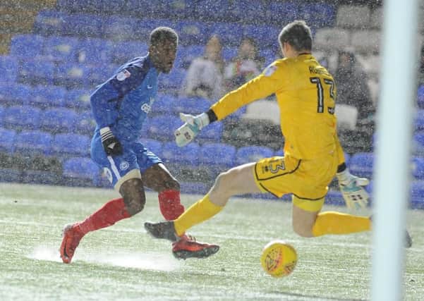 Omar Bogle scores his first goal for Posh against Walsall. Photo: David Lowndes.