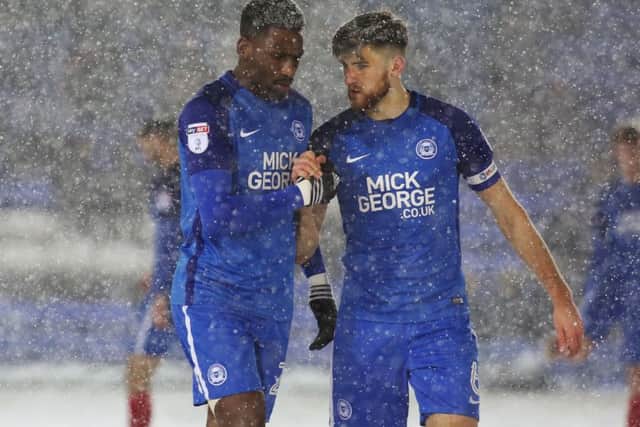 Posh goalscorers Jack Baldwin (right) and Omar Bogle have a chat during the win over Walsall. Photo: Joe Dent/theposh.com.