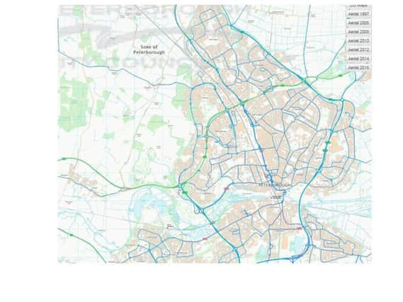 The routes gritting lorries take in Peterborough are shown in blue