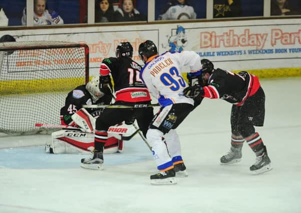 Phantoms' import Ales Padelek tries to force the puck home against Basingstoke. Photo: David Lowndes.