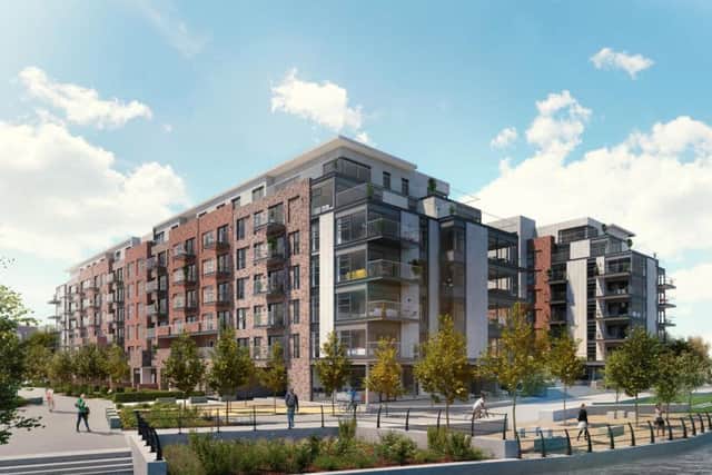This image shows how the exterior of Fletton Quays should appear once completed.