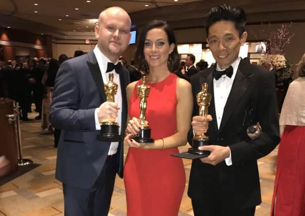 David Malinowski, Lucy Sibbick and Kazuhiro Tsuji with their Oscars