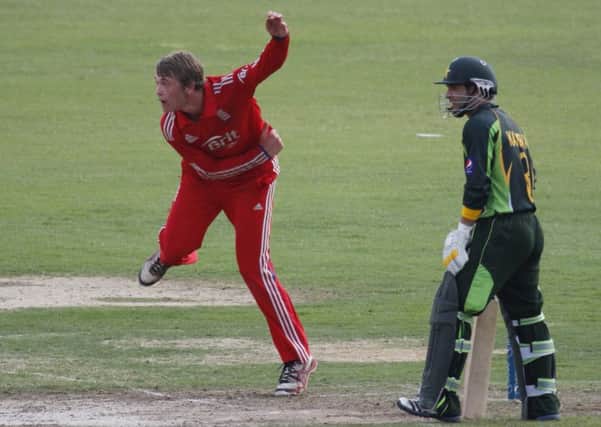 Rob Sayer bowling for England Under 19s against Pakistan.