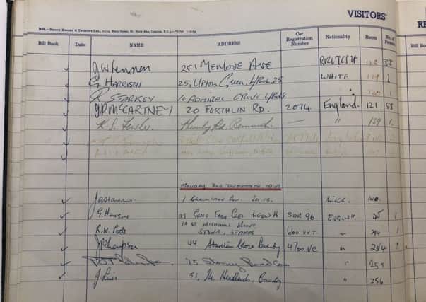 Omega Auctions supplied this photo of a hotel directory signed by all four of The Beatles which sold for nearly Â£10,000 at auction. The 1962 document from The Bull Hotel in Peterborough was filled in by the Fab Four ahead of a gig in the town. Picture: Omega Auctions