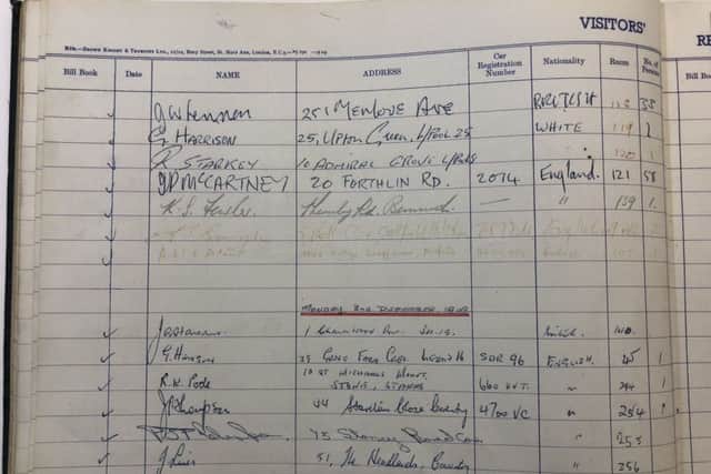 Omega Auctions supplied this photo of a hotel directory signed by all four of The Beatles which is estimated to sell for Â£10,000 at auction. The 1962 document from The Bull Hotel in Peterborough was filled in by the Fab Four ahead of a gig in the town. Picture: Omega Auctions