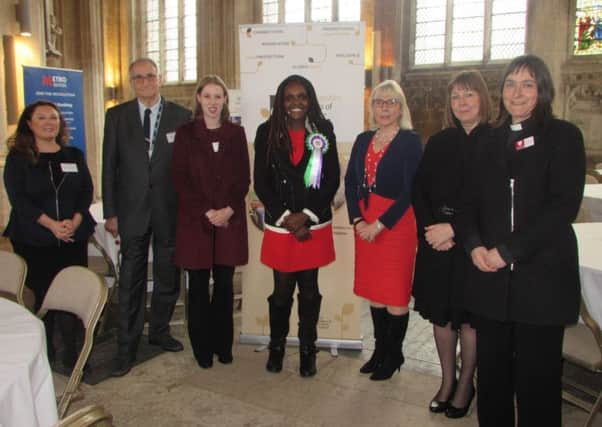 From left, Annette Joyce, Cllr John Holdich, Georgie Bullen, MP Fiona Onasanya, Karen Beckwith, Gillian Beasley, Revd Canon Sarah Brown.