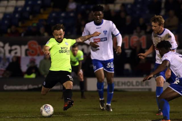 Posh player Danny Lloyd shoots at the Bury goal. Photo: Joe Dent/theposh.com.