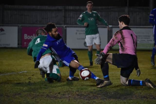 Action from Peterborough Sports 1, Loughborough Dynamo 2. Sports are in blue. Photo: James Richardson.